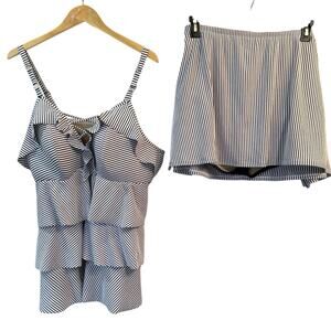 Cacique Swim Tiered Tankini Size 3X 24 Skirted Bottom 4X 28 Blue White Stripe